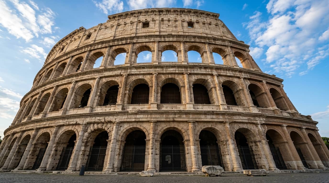 Visitor looking through the ancient arches of the Colosseum toward the Roman Forum