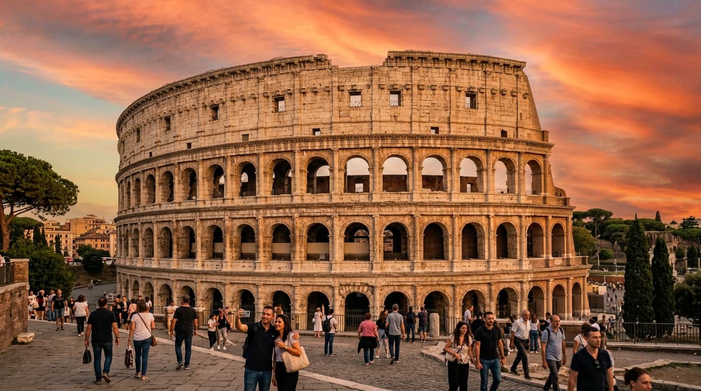 The Colosseum illuminated at sunset with golden light reflecting off the ancient stone