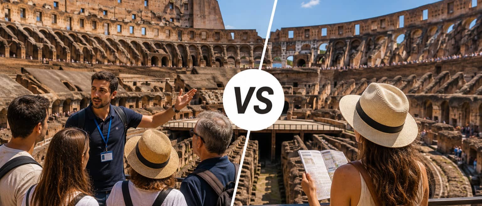 Colosseum guided tour compared with a self-guided visit inside the ancient amphitheatre in Rome.