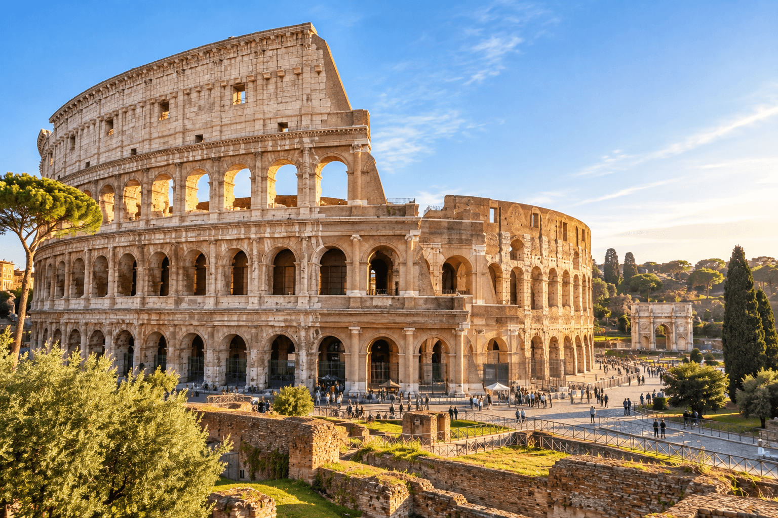 Colosseum in Rome with the surrounding archaeological area and Roman ruins in warm daylight.